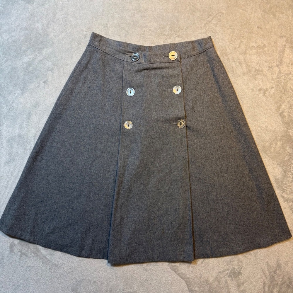 Vintage Gray Wool A-Line Skirt Double Breasted Button Front Dark Academia 27"
